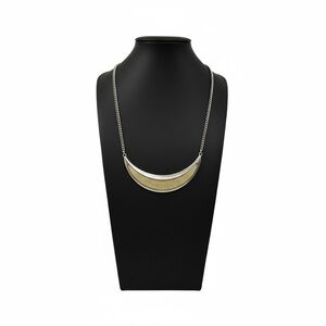 Vintage Modernist Crescent Bib Necklace, Silver Tone with Gold Textured Inlay